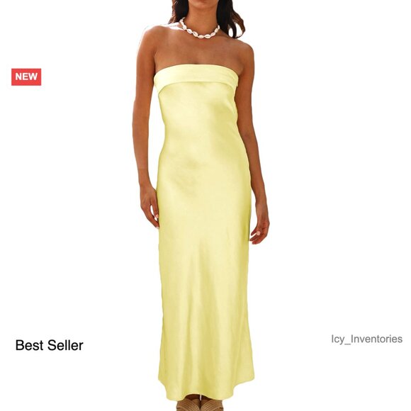 Satin Strapless Maxi Dress Elegant Formal Wedding Guest Hollow Back